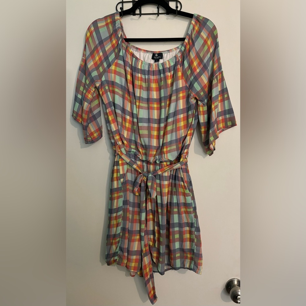 Sperry Womens Plaid Shorts Romper Pockets Bell Sleeve Belted Large Stretchy